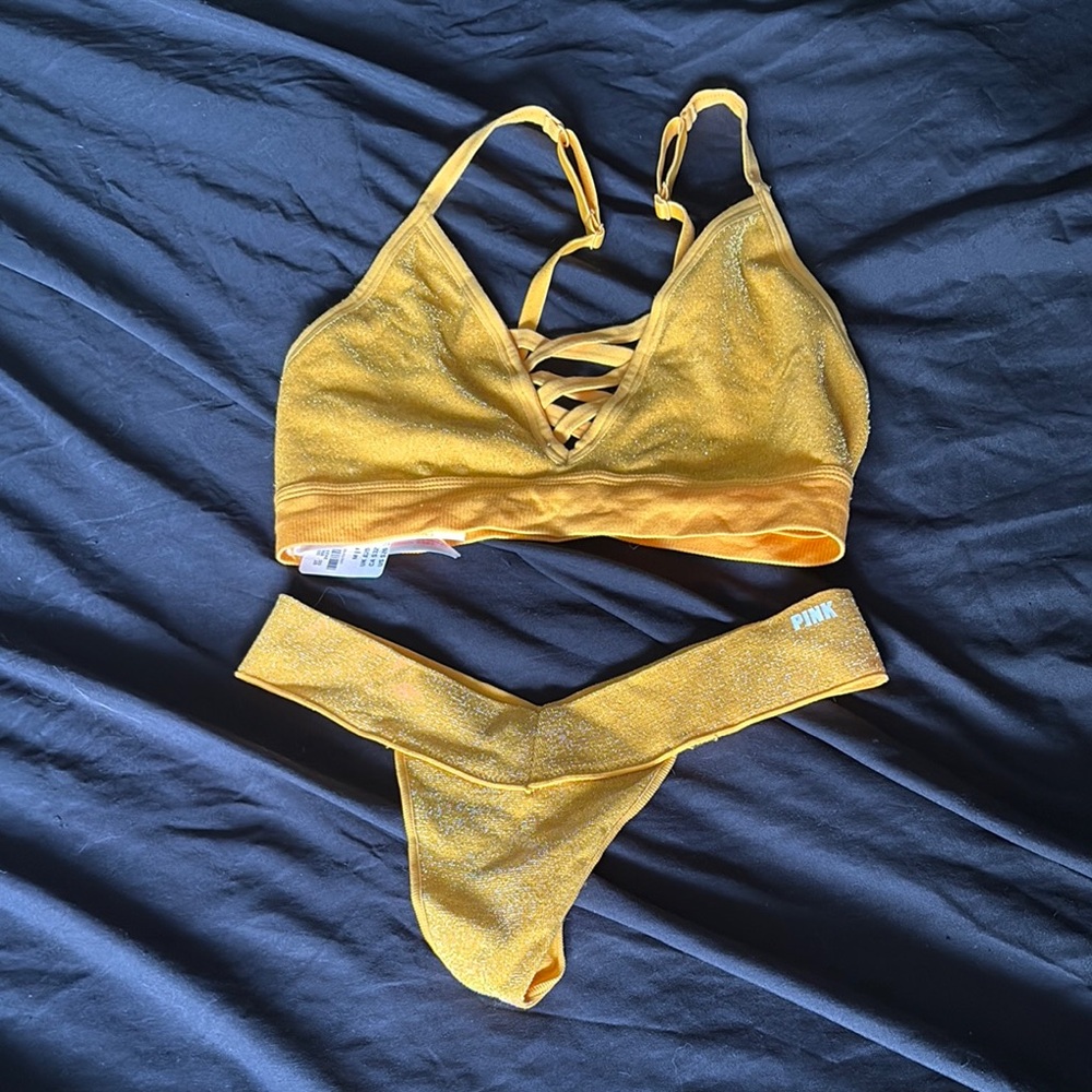 PINK Victoria's Secret Gold Bralette and Panty Set